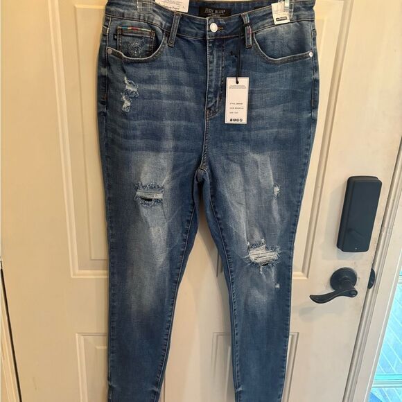 Judy Blue Rainbow Stitched Skinny Jeans Blue Distressed - Picture 2 of 9